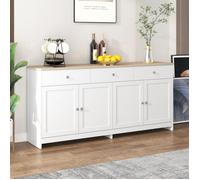 Buffet Bas - TANANT - Moderne - 4 Portes - 3 Tiroirs - Blanc et Bois