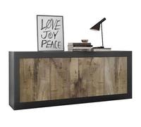 Buffet BASICO - Décor Noir mat et Chêne Pero - 4 Portes - L 207 x P 43 x H 86 cm