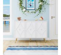 Buffet blanc 120×40×80 cm avec motif sculpté en 3D et pieds dorés, meuble de rangement moderne à 3 portes pour salon et chambre.