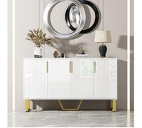 Buffet blanc brillant à 4 portes avec motif géométrique et pieds en métal