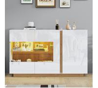 Buffet blanc brillant - avec LED,sideboard imitation chêne clair à portes coulissantes vitrées,armoire de couloir 138x38x90,5 cm