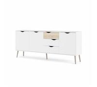 Buffet - Blanc / Chêne - 3 portes / 3 tiroirs - Piètement évasé en bois massif - 195,7 x 39,1 x 81,7 cm