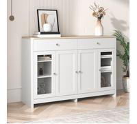Buffet blanc en bois, Bahut avec 4 portes et 2 tiroirs, 120x37x80 cm, Buffet bas pour salon et salle à manger, bois et blanc
