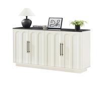 Buffet Blanc et Noir, 4 Portes Finish Curved Groove, Plateau Noir Effet Marbre, Anti-Basculement, Fermeture Amortie, 160x40x80cm
