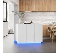 Buffet blanc laqué 120 cm avec LED RGB - Meuble de rangement design 2 portes et niches ouvertes socle lumineux