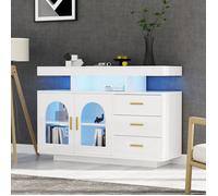 Buffet Blanc Laqué avec LED Meuble Bar à Café 120 cm 3 Tiroirs et Portes en Acrylique pour Salle à Manger et Salon