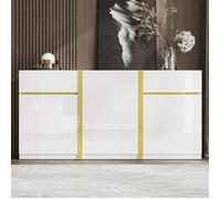 Buffet Blanc Laqué Brillant 160 cm Meuble de Rangement Moderne 3 Portes 2 Tiroirs Or pour Salon Salle à Manger