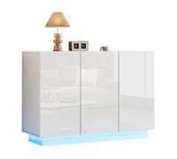 Buffet blanc laqué brillant avec LED meuble de salle à manger et d'entrée portes ouvertes/fermées 120 x 40 x 75 cm