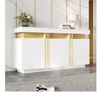 Buffet blanc marbré 140cm - Meuble 3 portes avec plateau marbre, 6 compartiments, Capacité 45kg, Design moderne et épuré
