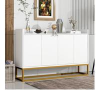 Buffet Blanc Moderne 4 Portes avec Base Métallique Dorée et Étagères Réglables, Meuble de Rangement