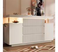 Buffet Blanc Suspendu LED Moderne 150x40x78 cm, 6 tiroirs façades rainurées 3D, 2 Portes, charnières amorties, Anti-basculement, Meuble Salon, entrée, Cuisine