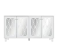 Buffet Blanche Miroir Avec Poignées Cristal, 4 Portes, Dessus Stratifié Mobile, 160×40×84 Cm.