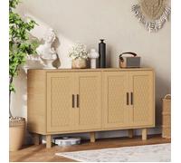 Buffet bois effet chêne 4 portes, meuble rangement salon salle à manger cuisine, style cannage naturel, grande capacité, moderne