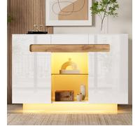 Buffet - Buffet bas - Façades laquées brillantes - Éclairage LED intégré réglable - Blanc laqué et bois 120×40×80 cm