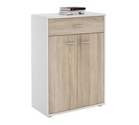 Buffet CALAIS, commode meuble de rangement avec 1 tiroir et 2 portes, en mélaminé blanc mat et décor chêne sonoma