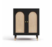Buffet Cannage Rotin 80 cm Vaisselier Cuisine avec Portes Bohème Chic | Plateau 40 cm, panneaux E1, rangement derrière deux portes, coloris noyer ou noir, format compact(Black)