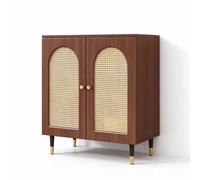Buffet Cannage Rotin 80 cm Vaisselier Cuisine avec Portes Bohème Chic | Plateau 40 cm, panneaux E1, rangement derrière deux portes, coloris noyer ou noir, format compact(Walnut)