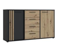 Buffet CARDIGAN 2 portes, 4 tiroirs - Décor chêne artisan et noir - L142,6 x P34,2 x H82,3 cm - Poignées en métal noir