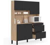 IDMARKET Buffet casserolier de cuisine 140 cm CINA 5 portes + 3 tiroirs façon hêtre et noir