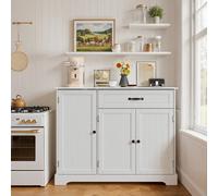 Buffet classique à double porte et tiroir, meuble de cuisine gain de place pour micro-ondes et vaisselle, buffet moderne avec étagère latérale, blanc vintage marron Buffet de cuisine de style champêtr