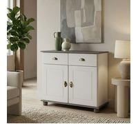 Buffet COLMAR commode bahut vaisselier meuble bas rangement avec 2 tiroirs et 2 portes, en pin massif lasuré blanc et taupe