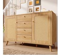 Buffet commode 140 cm 4 tiroirs + 2 portes style rotin, étagères réglables, chêne clair, salon entrée
