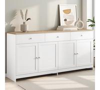 Buffet - Commode avec 4 portes et 3 tiroirs - Armoire de cuisine avec étagères réglables - Armoire de rangement pour salon, salle à manger, cuisine, couloir - Naturel et blanc (blanc, 160 x 37 x 75 cm