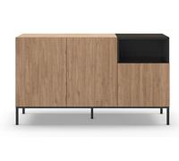 Buffet, commode de rangement avec 3 tiroirs aspect bois coloris naturel, noir et pieds en métal coloris noir - Longueur 140 x Profondeur 40 x