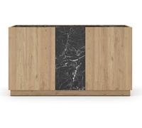 Buffet, commode rectangulaire avec 3 portes aspect bois coloris naturel et effet marbre noir - Longueur 140 x Profondeur 41,80 x Hauteur 78,50 cm -
