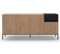 Buffet, commode rectangulaire avec 4 portes aspect bois coloris naturel, noir et pieds en métal coloris noir - Longueur 180 x Profondeur 40 x Hauteur