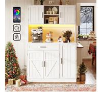Buffet Cuisine 110 cm avec Éclairage LED, 2 Prise et 2 Ports USB, Buffet Salle a Manger Haut, Scandinave Meuble de Rangement, Blanc