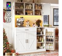 Buffet Cuisine 110 cm avec Éclairage LED,Meuble Haut de Rangement, Vaisselier avec 2 Prise et 2 Ports USB, Scandinave,Blanc