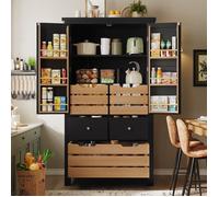 Buffet Cuisine, Armoire de Cuisine Haute avec 2 Portes et 5 Tiroirs, Meuble de Rangement, Vaisselier Vitrine, noir 80x40x140cm
