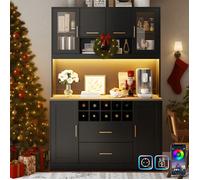 Buffet Cuisine Éclairage LED 120 cm avec Prise et USB, Meuble Haut de Rangement avec Plan de Travail, Vaisselier Moderne, Noir