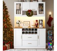Buffet Cuisine Haut 120 cm avec Éclairage LED, Meuble de Rangement Cuisine avec Prise et Ports USB, Vaisselier Scandinave, Blanc