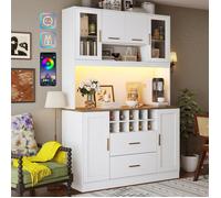 Buffet Cuisine Haut 120 cm avec LED, Buffet Salle a Manger avec 2 Prises et 2 USB, Meuble de Rangement Cuisine, Scandinave, Blanc