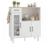 Buffet cuisine - HOMCOM - tiroir 3 portes dont 1 en acrylique cannelée étagère ouverte - bois - 80 x 34 x 91 cm - blanc et chêne