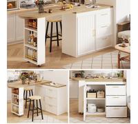 Buffet Cuisine,Îlot de Cuisine Extensible 128-203×39×90cm,Table Bar Rotatif 360°avec 3 tiroirs & étagère latérale,Blanc