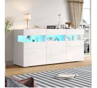 Buffet Cuisine LED 140 cm blanc laqué avec vitrine acrylique, 3 portes, 7 compartiments, sideboard moderne lumineux