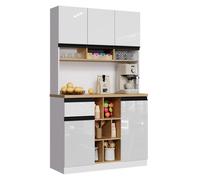Buffet Cuisine Moderne Blanc 105x45x185 cm avec Vaisselier Portes Laquées Tiroirs Etagères Réglables et Système Antibasculement