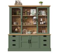 Buffet Cuisine Rangement 185cm, Armoire de Cuisine Haute avec Vitrine en Verre, 6 Tiroirs, Vaisselier Moderne, Vitrine Autoportante