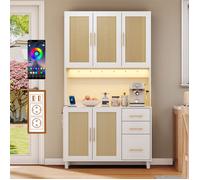 Buffet Cuisine Rangement avec 2 Ports USB, Buffet Haut Blanc et Bois, LED Commandé par App, 2 Prises, Vaisselier Salle a Manger