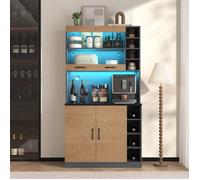 Buffet Cuisine Rangement, Buffet Haut Salle a Manger avec LED,Vaisselier,Trou pour Câble,Étagères,Bois Naturel,Gris,100x47x187cm