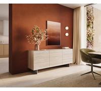 Buffet Cuor 180 cm Céramique Laminam® Travertino Bianco Crème-blanc 2 Portes 3 Tiroirs Pied optique flottant Ancier inoxydable
