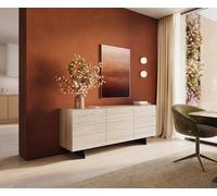 Buffet Cuor 180 cm Céramique Laminam® Travertino Bianco Crème-blanc 2 Portes 3 Tiroirs Pied optique flottant Métal Noir