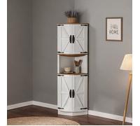 Buffet d'angle vintage gain de place, MDF finition blanc et bois, 5 compartiments, 39,5x39,5x180 cm, idéal cuisine et salon