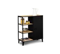 IDMarket Buffet d'appoint Ester – 3 étagères et placard, métal noir, plateau bois 70 cm