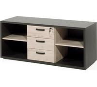 Buffet de bureau bas avec 4 étagères et 3 tiroirs, en chêne clair et noir