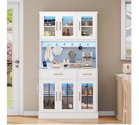 Buffet de cuisine 100x40x180cm avec LED et prise, 6 portes, 2 tiroirs, étagères réglables, style campagne, blanc