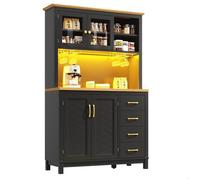 Buffet de Cuisine - 105,5 x 40 x 180 cm - avec Éclairage LED - 4 Portes, 2 Tiroirs - Porte-gobelets - Style Rustique - Noir
